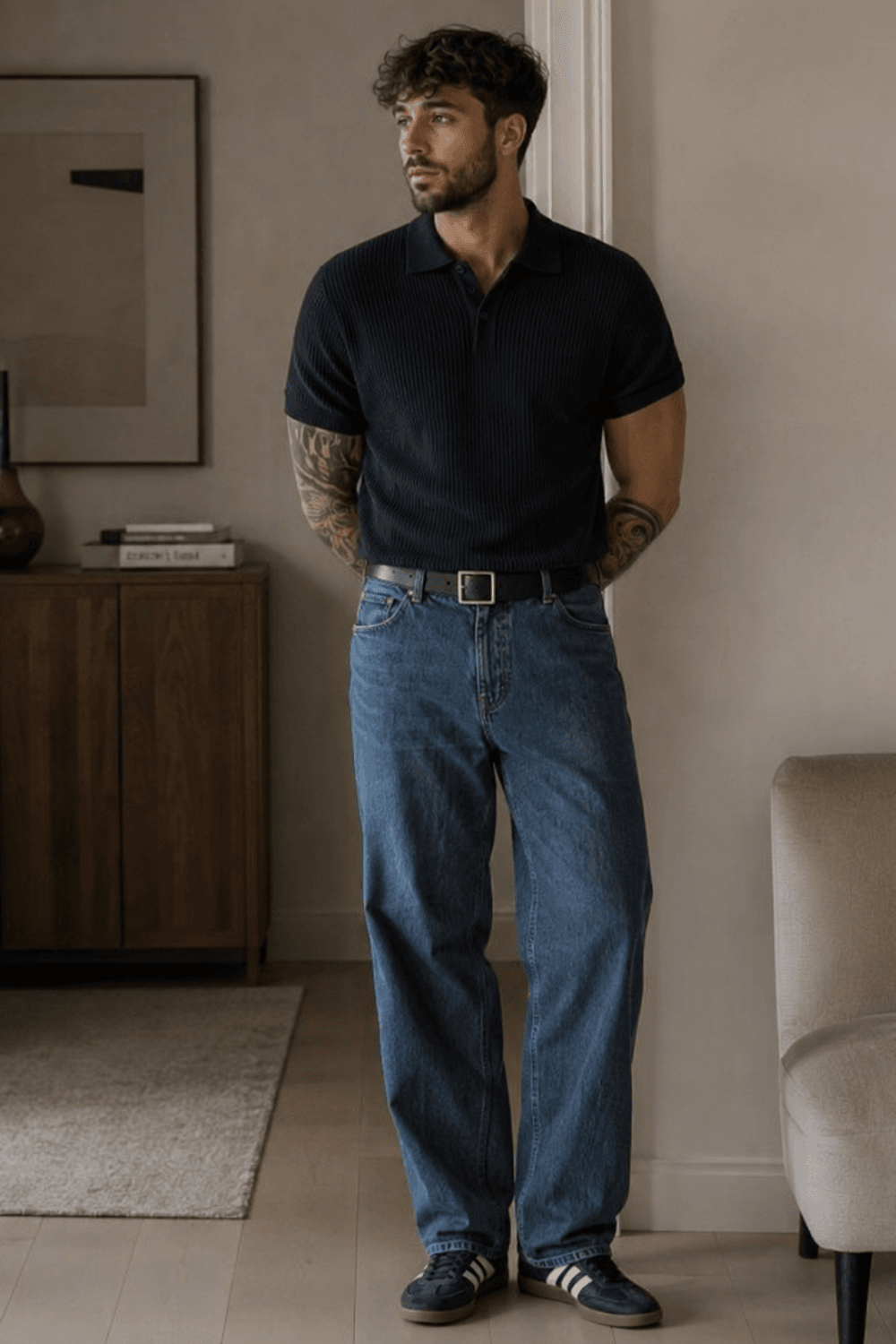 Smart Casual With Jeans - Jeans + Knit Polo + Minimalist Leather Sneakers