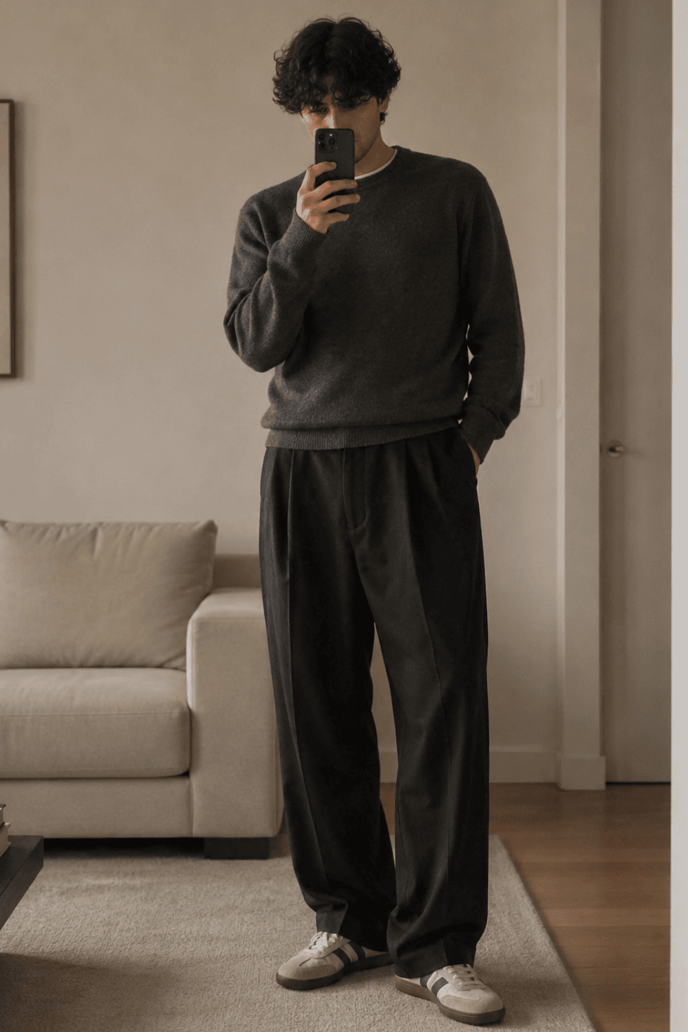 Smart Casual With Trousers - Relaxed Trousers + Fine-Gauge Sweater + Minimalist Leather Sneakers