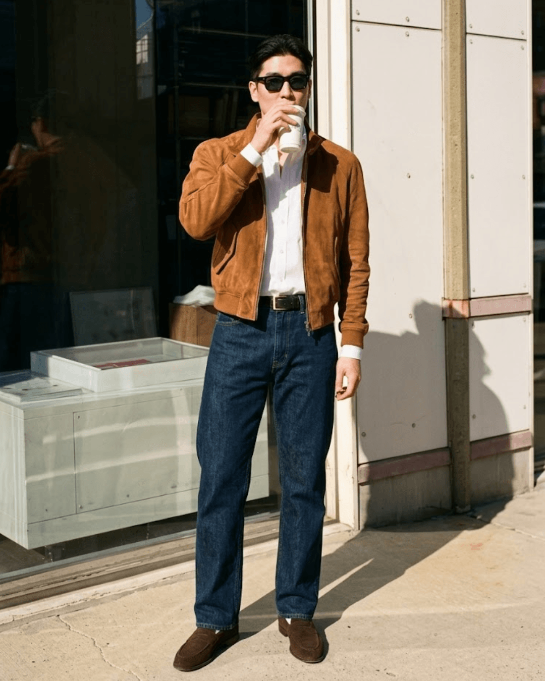 Fall Everyday outfit with a suede jacket, Oxford shirt, dark straight-leg jeans, and suede loafers