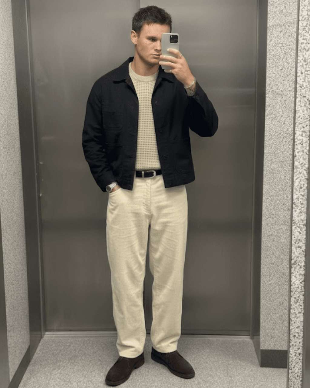Casual Autumn Weekend Outfit with a chore jacket, a textured sweater, corduroy pants, and suede chukka boots