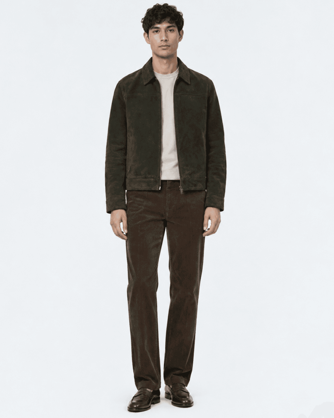 Man wearing a Dark forest-green suede jacket, a Stone-colored T-shirt, Tobacco brown corduroy trousers, and Dark brown penny loafers