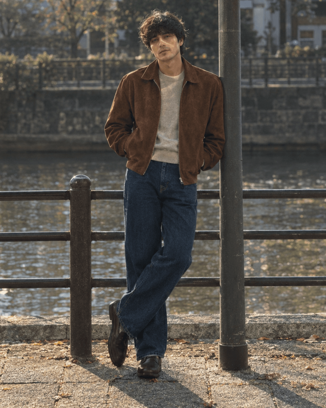 Man wearing a suede Harrington jacket, a crewneck sweater, dark jeans, and leather loafer