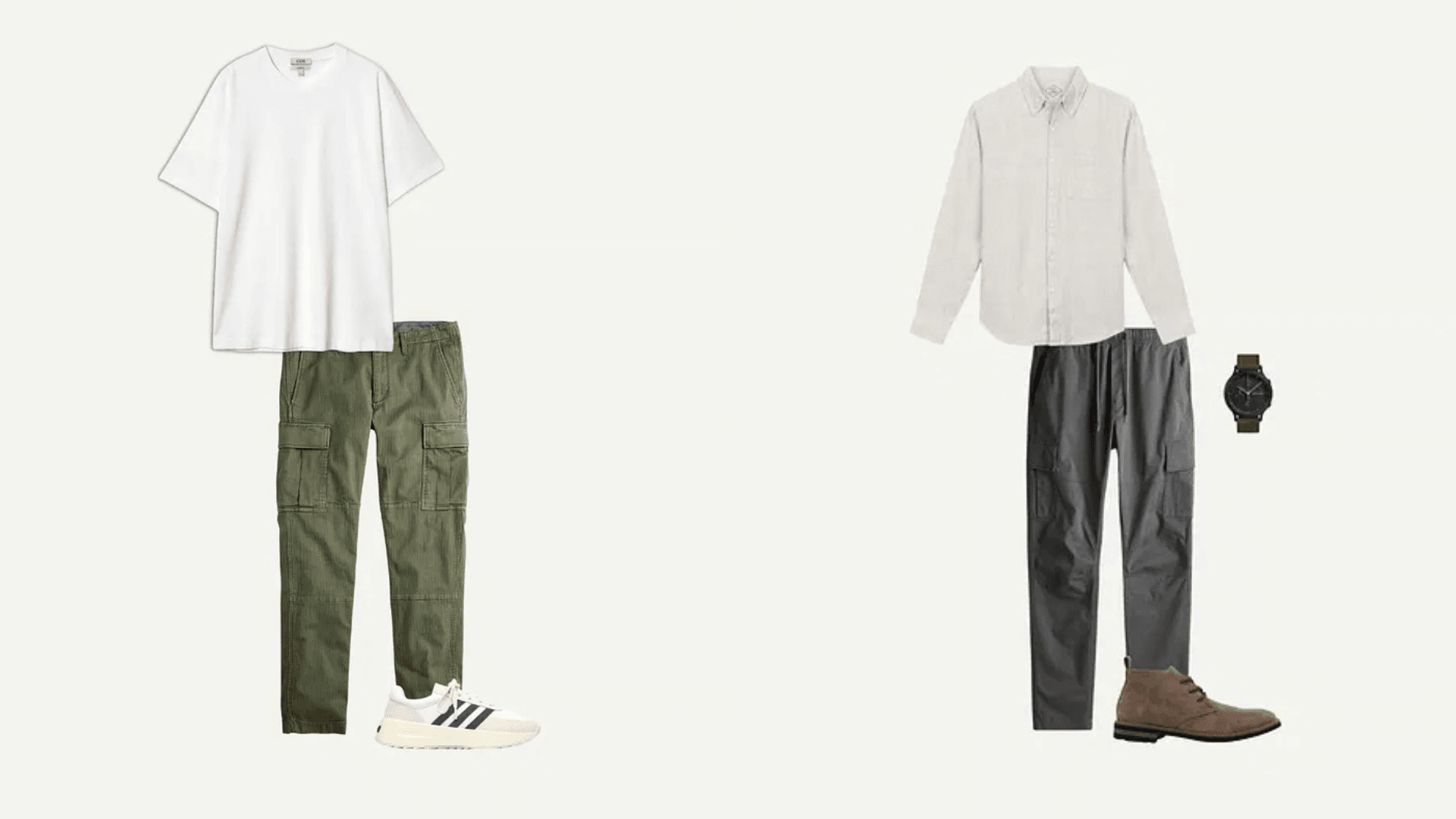 Two easy ways to style cargo pants—paired with a classic white tee for a casual vibe or a button-down for a smart-casual edge