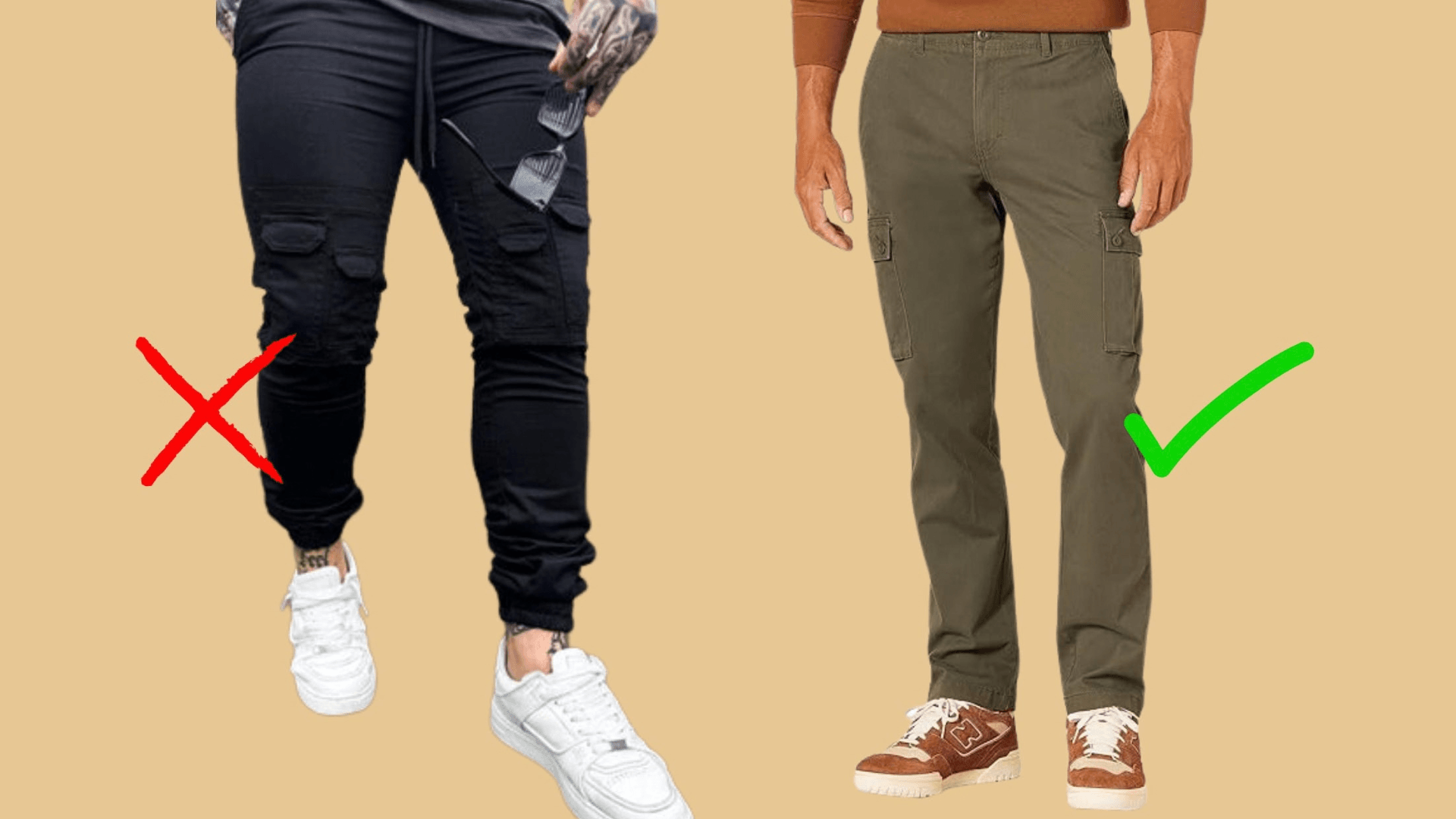 showing the right and the wrong way to wear cargo pants