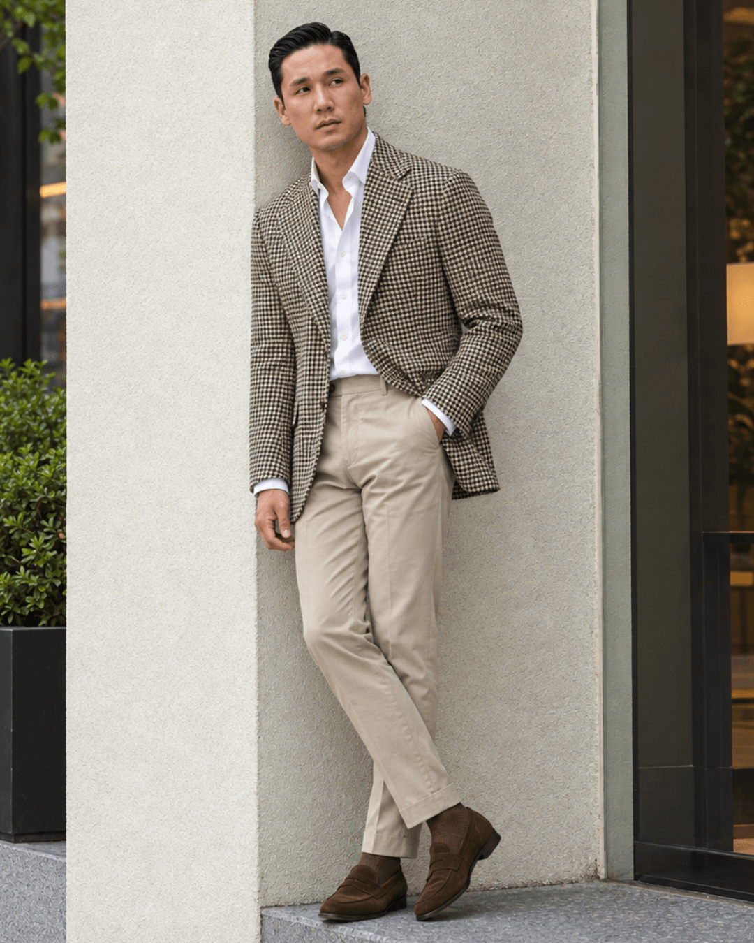 Man wearing a Beige Houndstooth Sport Coat, a White Oxford Shirt, Beige Chino Pants, Brown Suede Loafers