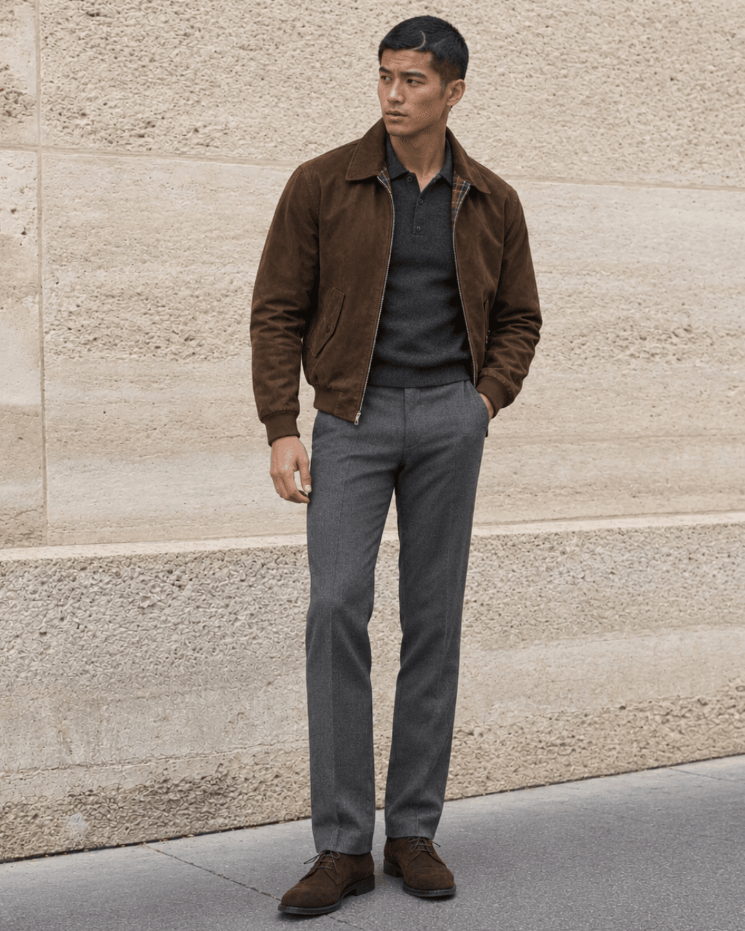 Man wearing a Suede Harrington, Gray Trousers, a Charcoal Knit Polo, and Suede Chelsea Boots