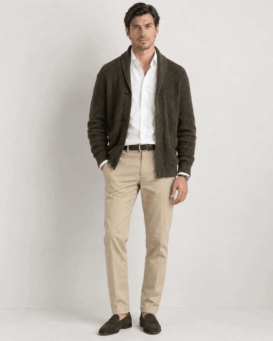 Man wearing an Olive Green Cardigan Jacket, a White Oxford Shirt, Beige Chino Pants, and Suede Penny Loafers