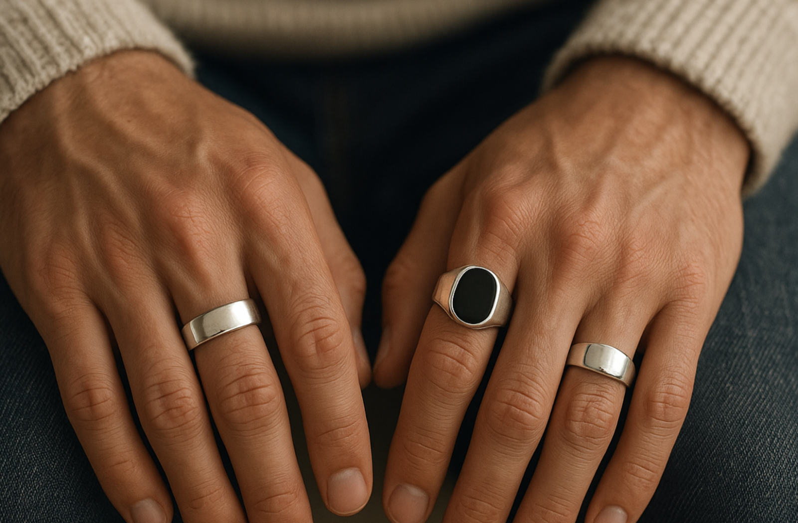 Close-up of a man’s hands wearing three silver rings — a polished band, a plain signet, and an onyx signet — resting naturally on denim jeans under soft daylight.